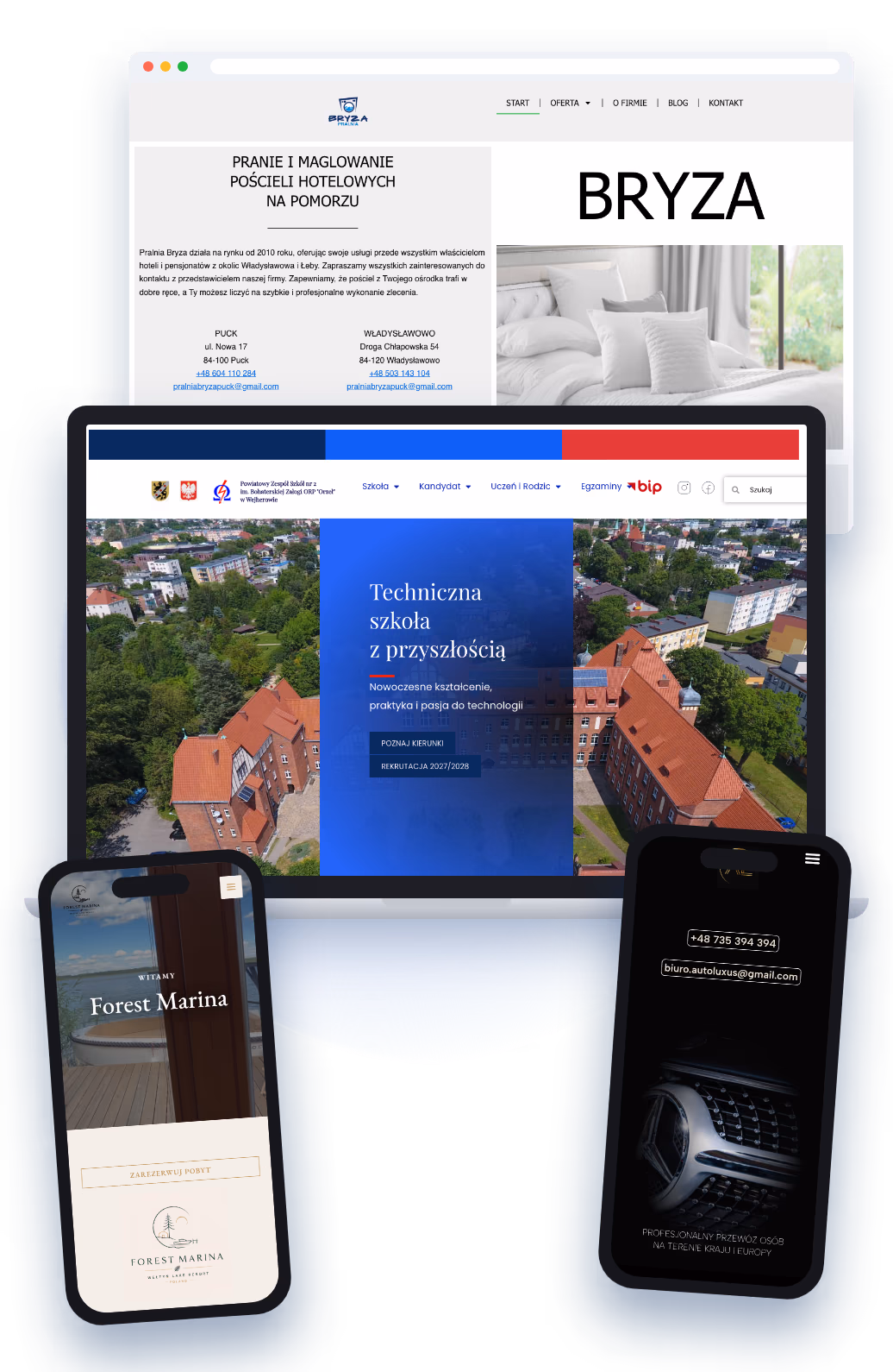 Przykładowe strony internetowe wykonane przez Web Studio na laptopie, w przeglądarce i na telefonach