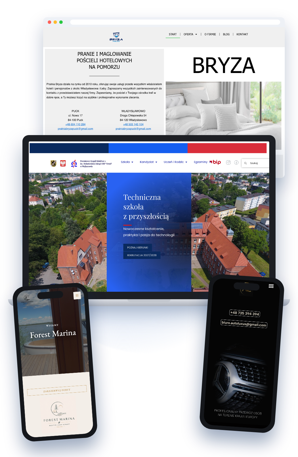 Przykładowe strony internetowe wykonane przez Web Studio na laptopie, w przeglądarce i na telefonach
